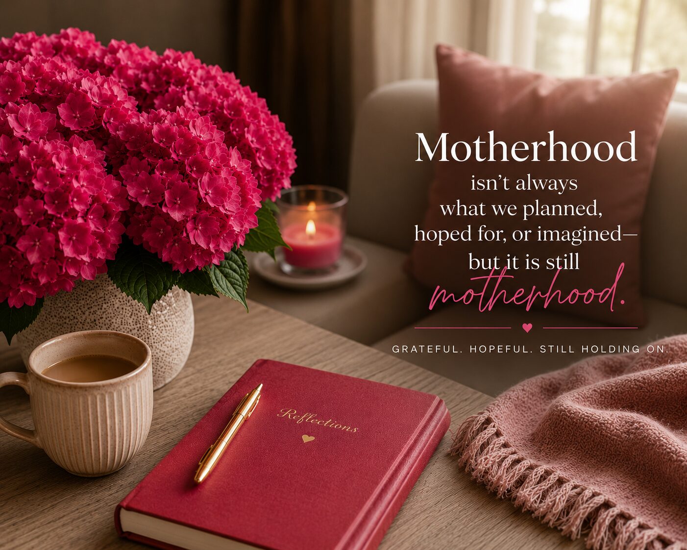 Pink hydrangeas and reflective motherhood styled flat lay with quote overlay